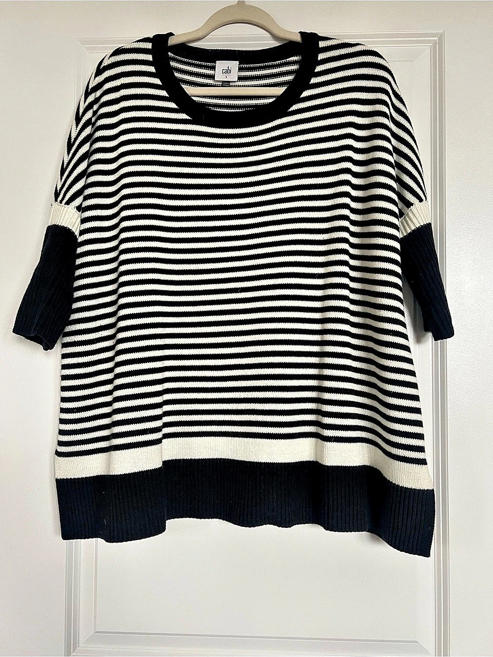 Cabi Brunch Pullover Striped Crew Neck Sweater Black & White